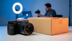 Mirrorless camera next to a sealed shipping box on a minimalist desk, with a blurred ring light, laptop, and influencer filming in the background under cool blue and warm amber studio lighting.