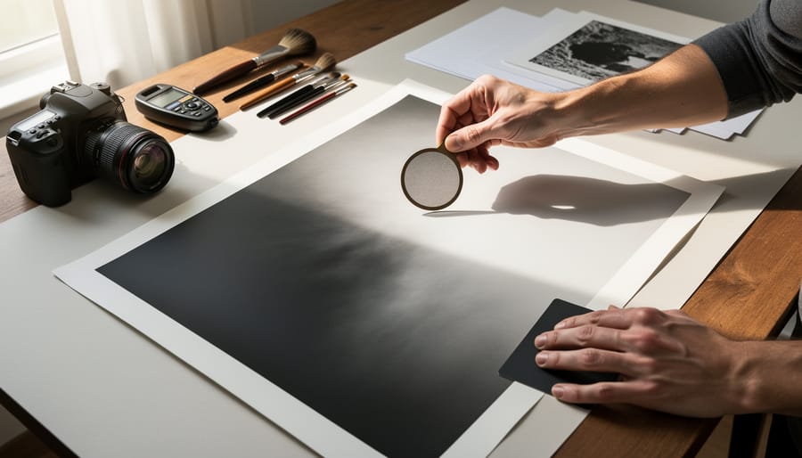 Photographer using dodging tool to control light exposure during darkroom printing