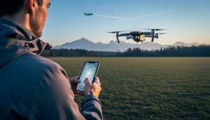 Over-the-shoulder view of a drone pilot holding a controller and smartphone with screen glare while a camera drone hovers low above an open field at sunset, with mountains and a faint airplane contrail in the distance.