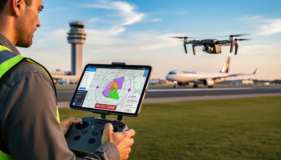 Camera drone flying with airport control tower and city skyline in background