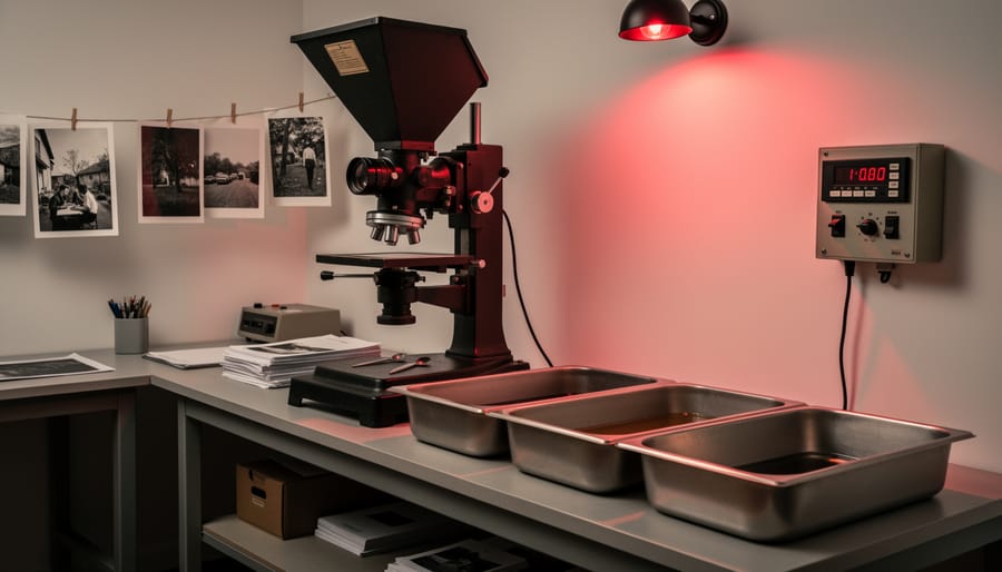 Overhead view of darkroom equipment including enlarger and chemical processing trays