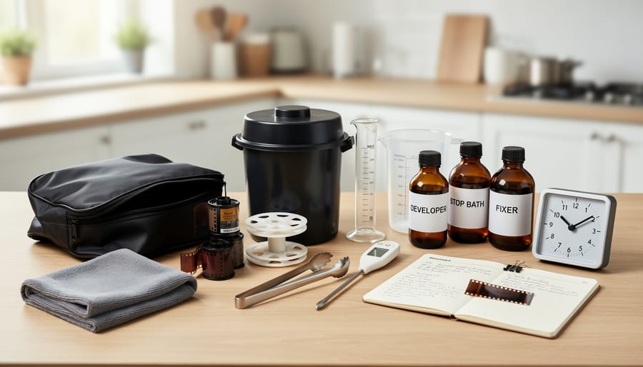 Overhead view of essential film developing equipment including developing tank, chemical bottles, thermometer, and changing bag