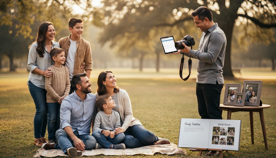 Photographer sharing photo album with family during in-home session