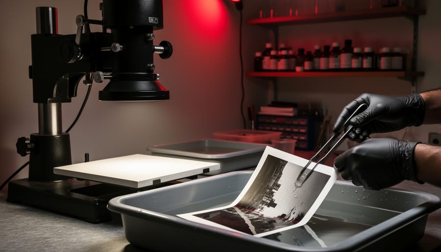 Close-up of a film darkroom under red safelight, showing an enlarger projecting onto an easel and a black-and-white photo developing in a tray, with gloved hands holding tongs and blurred bottles and drying prints in the background.