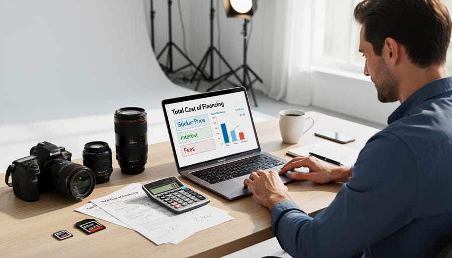 Calculator and notepad with camera equipment showing cost calculation planning