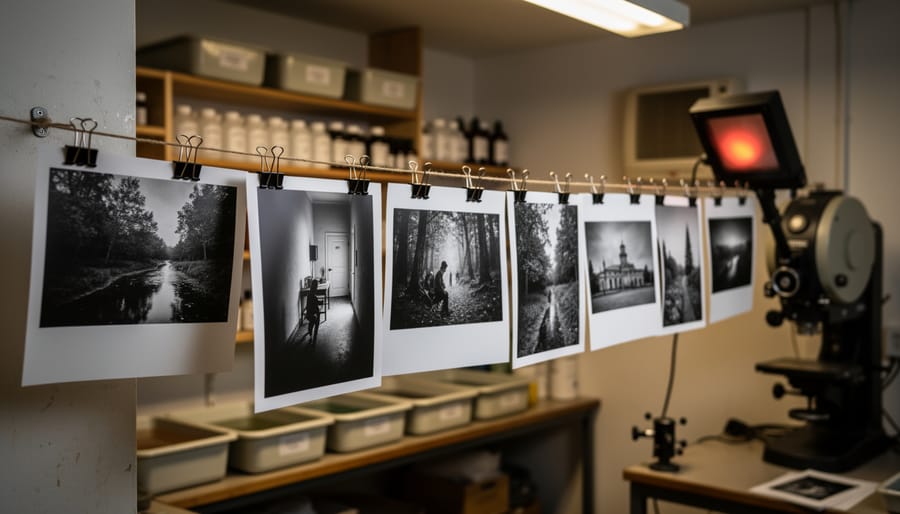 Black and white photographic prints hanging on clips to dry in darkroom