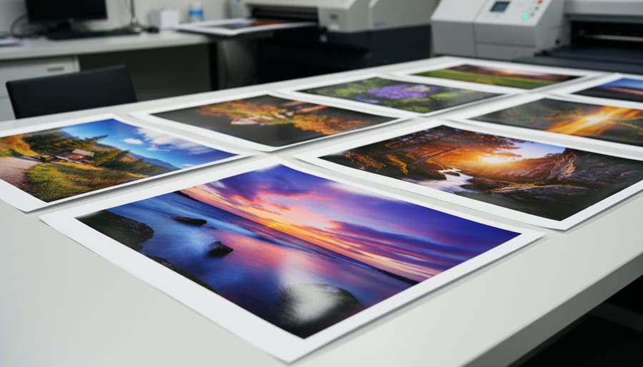 Finished RA-4 color prints hanging to dry in darkroom showing vibrant colors