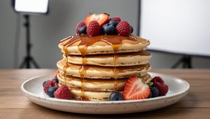 Three-quarter overhead close-up of golden pancakes with berries on a rustic plate, lit from the left by a continuous LED panel with a white reflector on the right, creating dimensional side lighting; blurred light stand and reflector visible in the background.