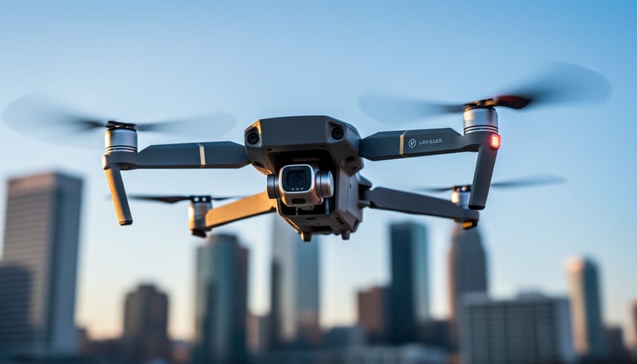 Quadcopter drone in flight with propellers frozen sharply, photographed from a slightly low 45-degree angle at golden hour, with a softly blurred city skyline and straight vertical lines in the background.