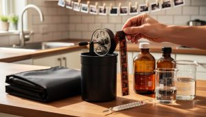 Home film developing on a wooden kitchen counter with a hand threading 35mm film onto a stainless reel next to a black developing tank, amber bottles, measuring cylinders, thermometer, and a black changing bag; sink and drying negatives blurred in the background.