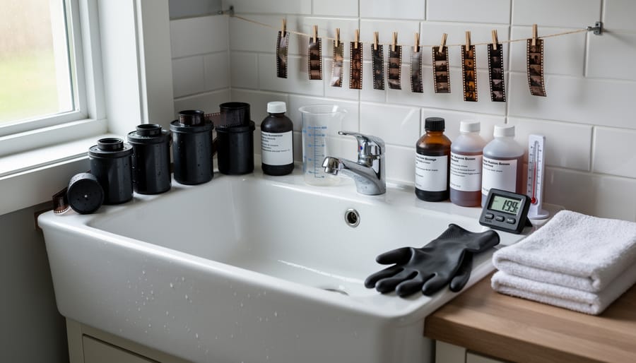 Compact home film developing workspace organized on bathroom counter with developing equipment and chemicals