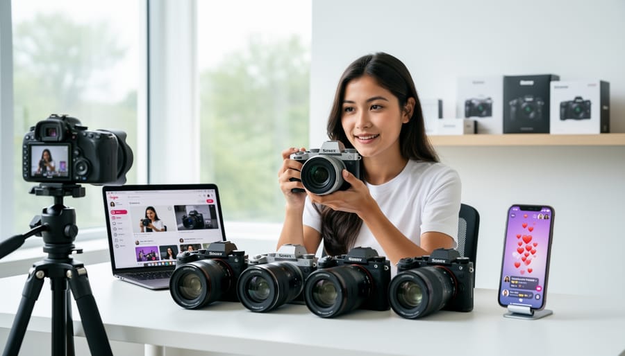 Content creator holding mirrorless camera while filming with smartphone on tripod