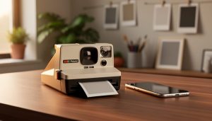 Classic instant analog camera on a walnut table ejecting a developing photo, with a face-down smartphone nearby; warm golden hour window light, shallow depth of field, and blurred studio shelves, plants, and blank instant frames in the background.