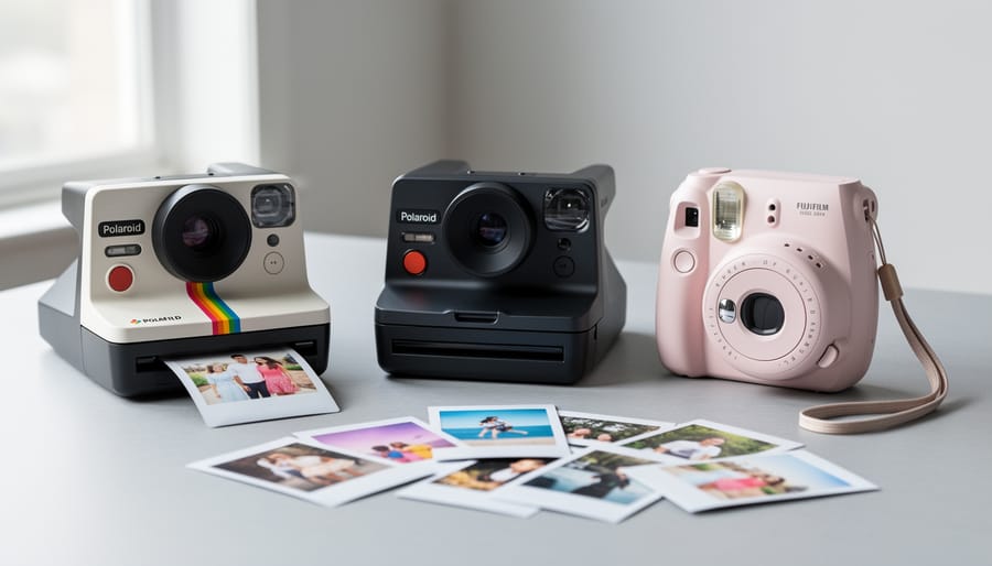 Collection of instant analog cameras including Polaroid and Instax models on wooden surface