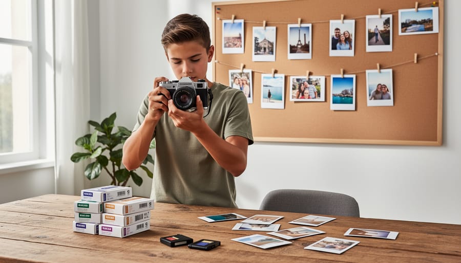 Collection of instant photographs scattered on surface showing variety of captured moments