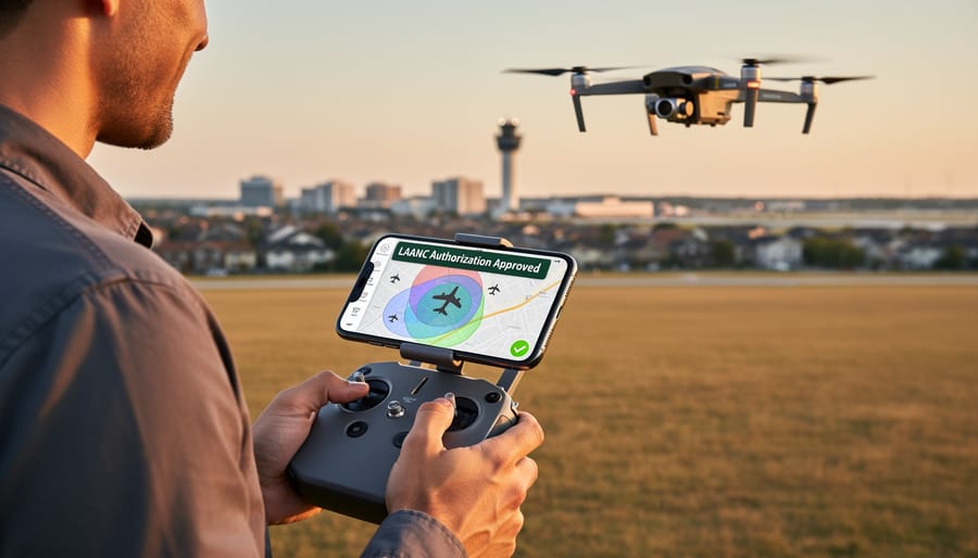 Photographer using smartphone app to check drone airspace authorization with drone equipment