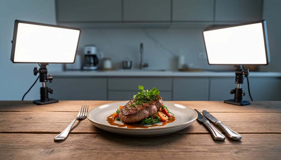 Overhead view of LED panel light illuminating a food photography setup
