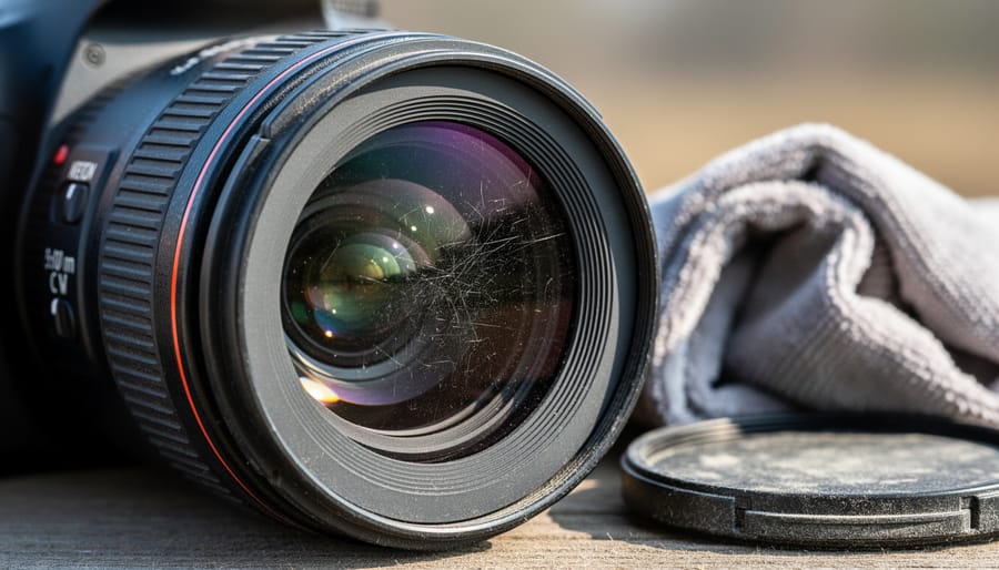 Close-up of camera lens showing micro-scratches and coating damage from improper cleaning