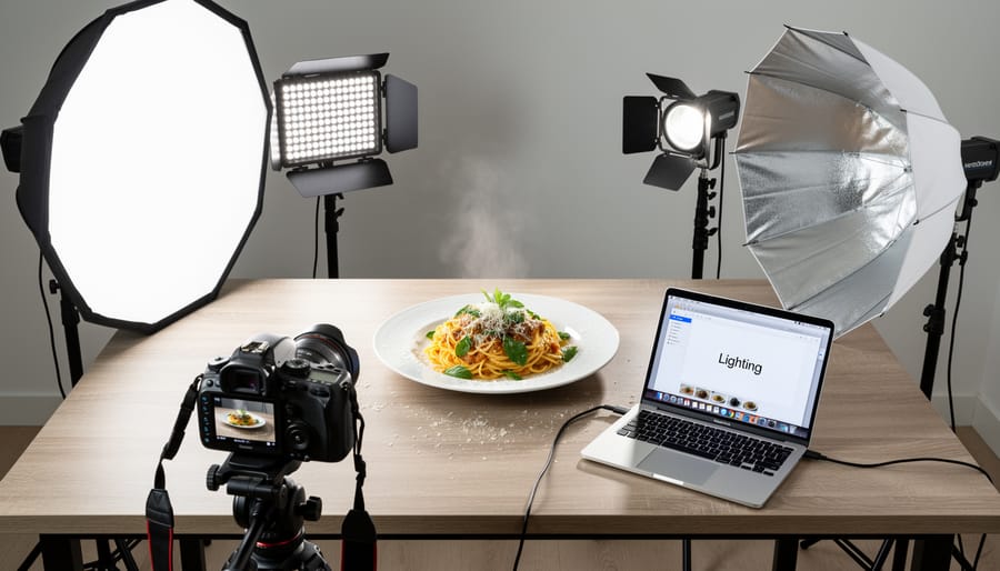 Various lighting equipment and modifiers arranged around a food photography setup