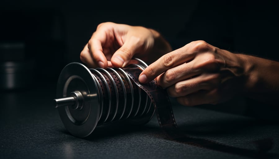 Hands loading film onto developing reel inside a changing bag