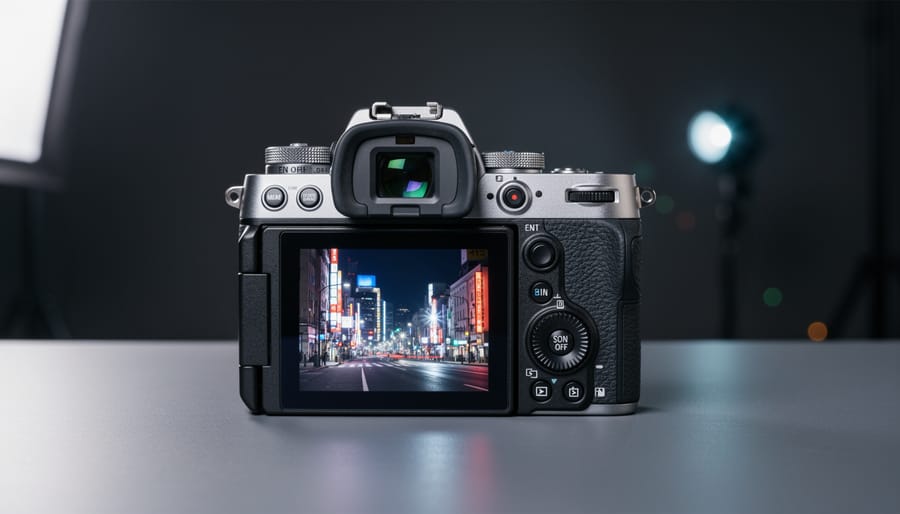 Professional camera being used in low-light night photography conditions