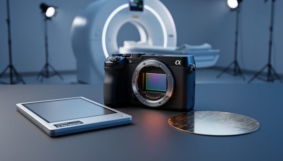 Close-up angled view of a mirrorless camera with exposed sensor beside a medical imaging detector panel and silicon wafer on a workbench, with a blurred CT scanner gantry and photography light stands in the background under cool, dramatic lighting.