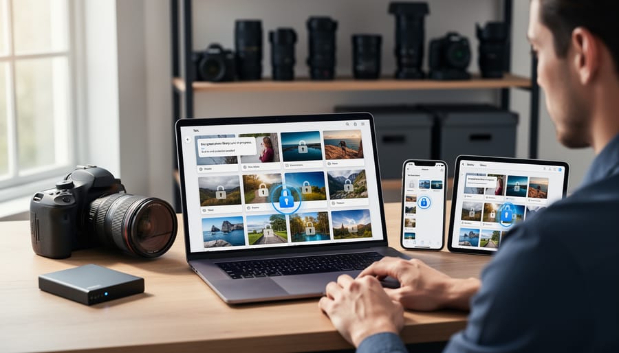 Photographer accessing photo library across multiple connected devices