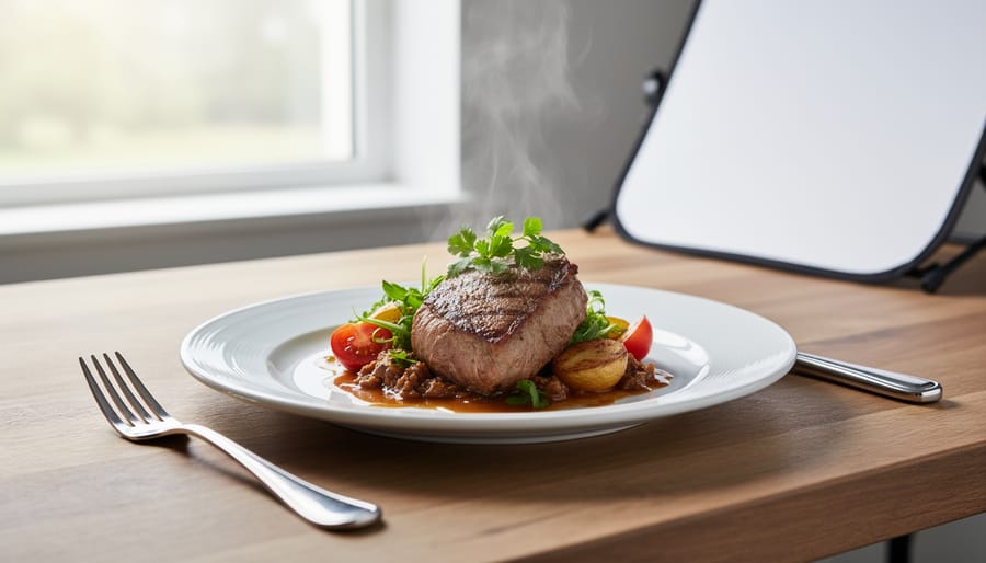 Food photography setup using natural window light and reflector to illuminate a plated dish