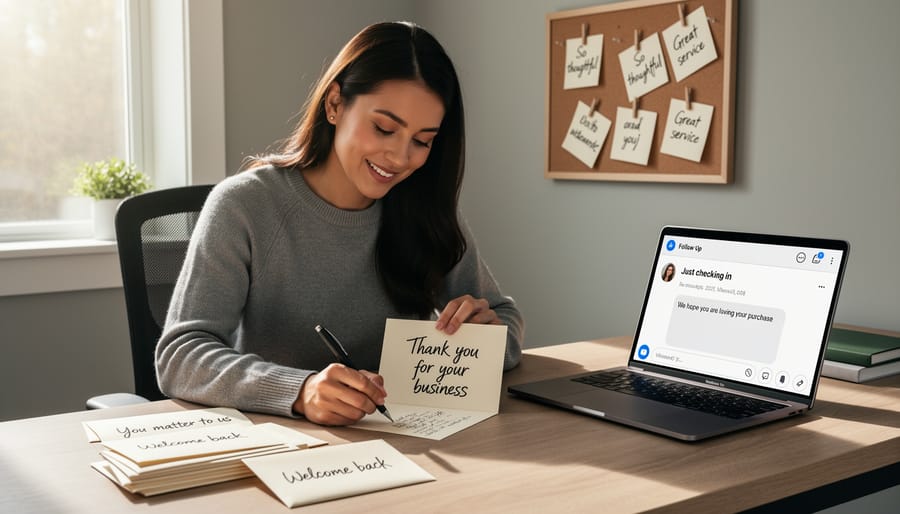 Overhead view of photographer's desk with handwritten cards and printed photographs