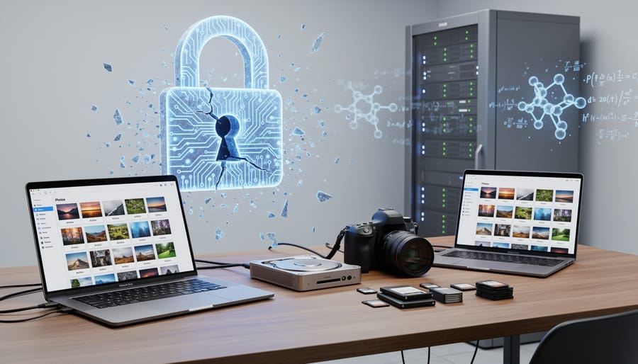 Photographer's backup hard drives and storage media on desk with photo library