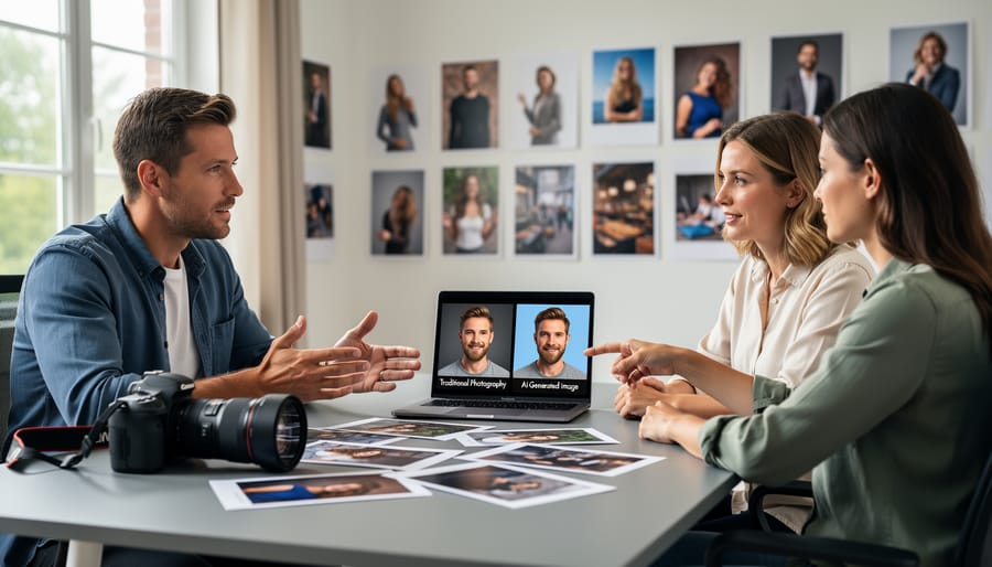 Photographer consulting with client in office setting discussing digital imagery options