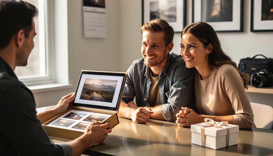 Photographer at a studio table presents a small photo box and shows a preview image on a tablet to two smiling clients in soft side daylight, with blurred framed prints, a calendar without readable details, a camera bag, and a small wrapped gift in the background.