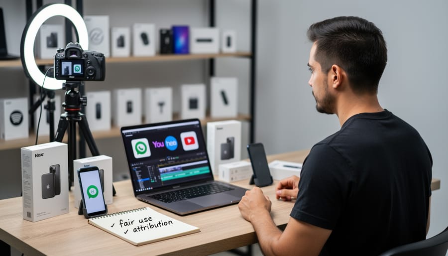 Photographer filming camera gear review content on smartphone for social media