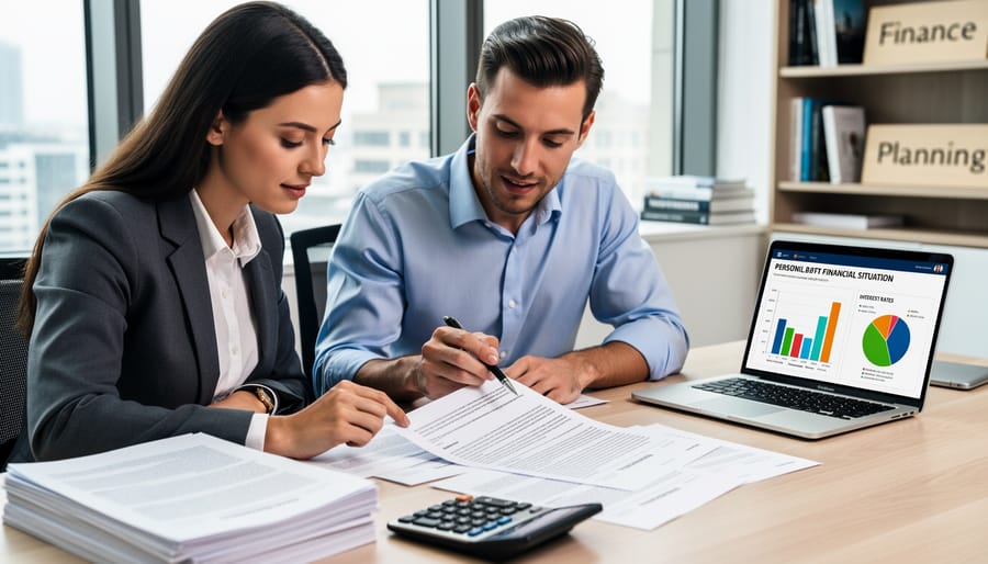 Photographer reviewing financing documents next to professional camera equipment on desk
