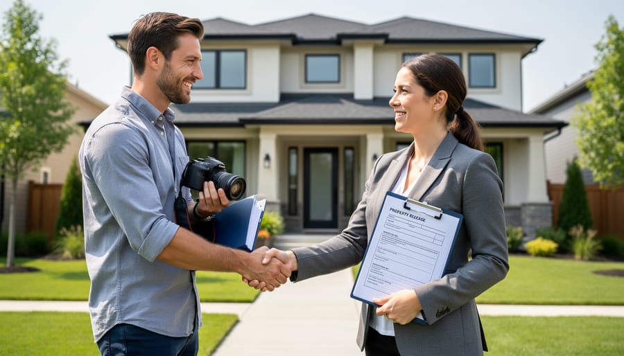 Photographer and property owner shaking hands in front of building