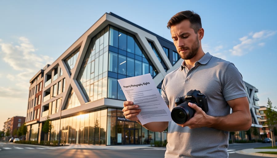 Photographer holding camera aimed at residential property
