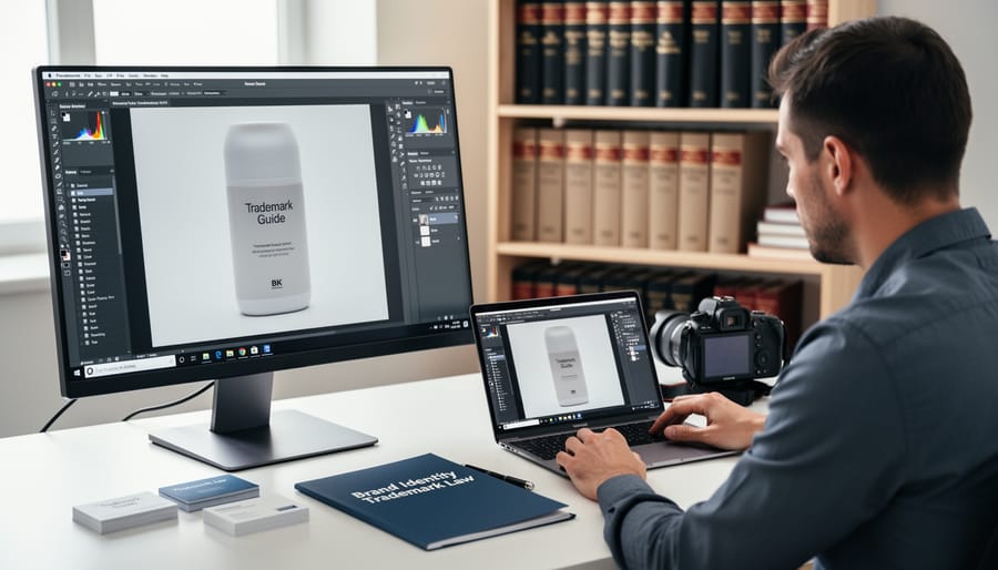 Photography business workspace with trademark documents and camera equipment