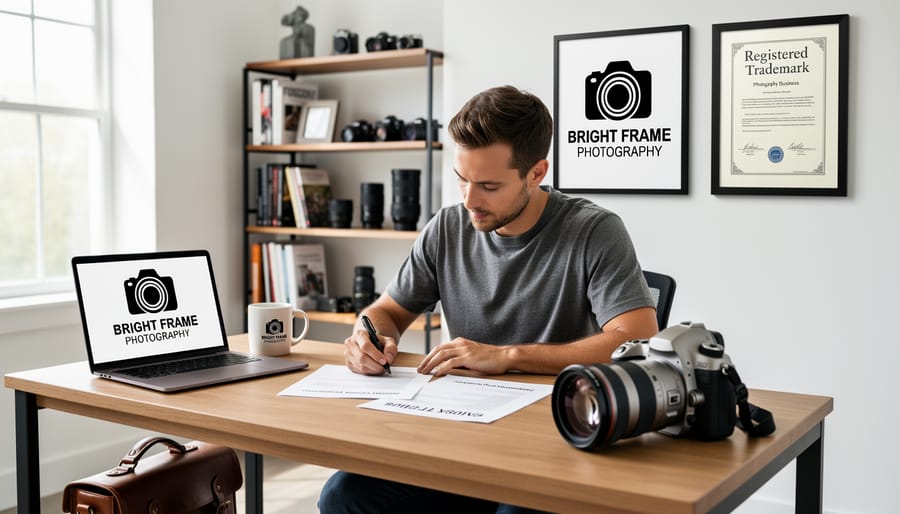 Photography business branding materials and trademark registration documents on workspace