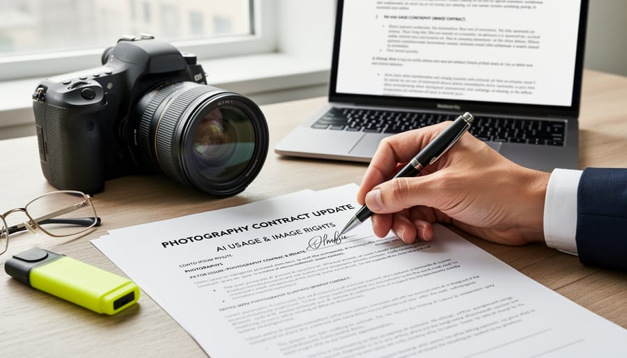 Photography contracts and legal documents on desk with camera equipment and computer
