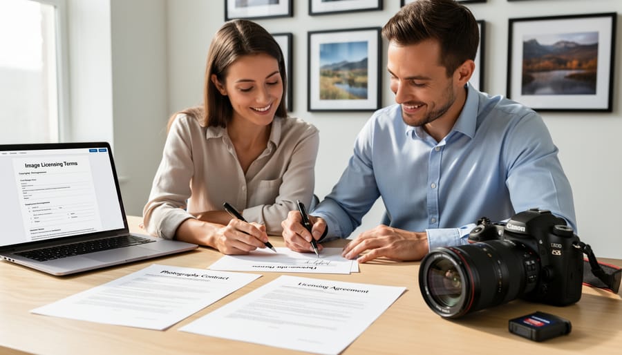 Photographer reviewing photography contract and licensing agreement at desk