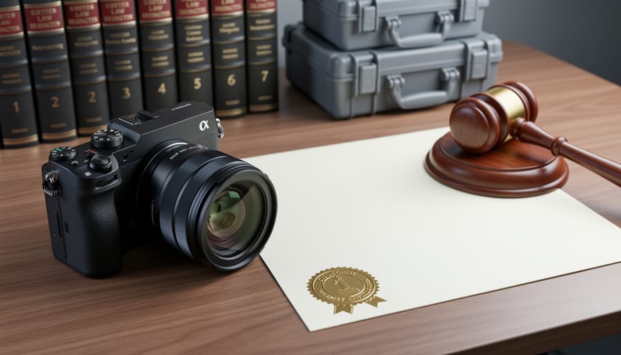 De-branded mirrorless camera and lens on a wooden desk next to a blank certificate with an embossed gold seal and a judge’s gavel, with blurred law books in the background.