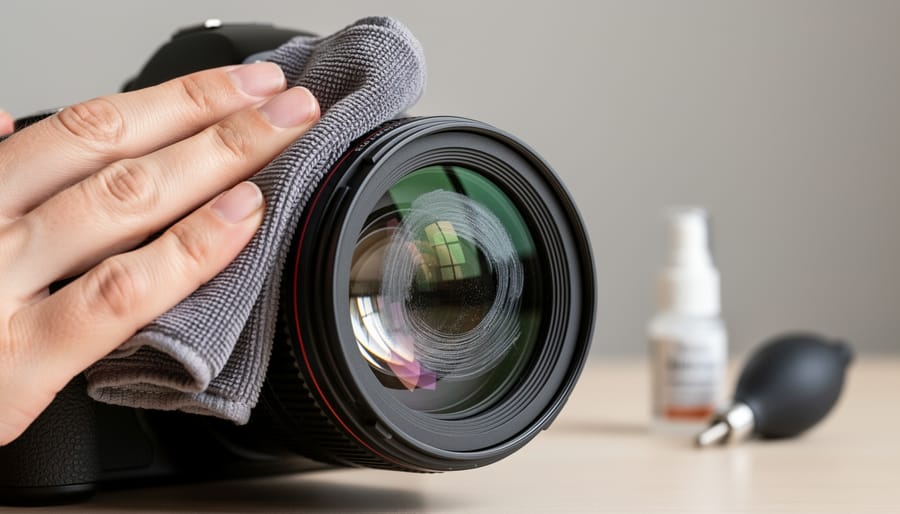 Photographer demonstrating proper lens cleaning technique with lens tissue