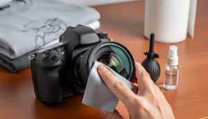 Hand wiping a professional camera lens with optical cleaning tissue on a wooden desk, with a blower and small cleaning solution bottle nearby and a blurred t-shirt and paper towel in the background.