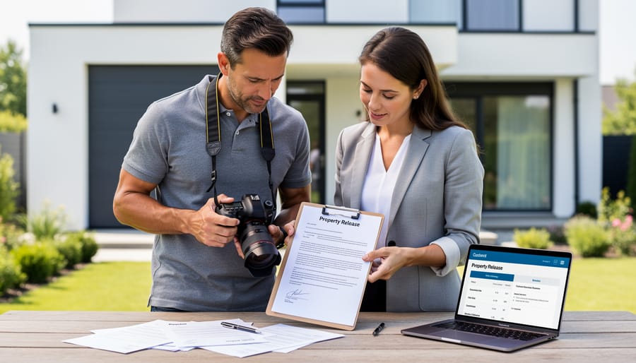 Property release form with signature on desk alongside property photographs