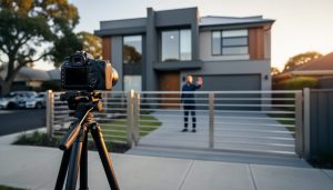 DSLR camera on a tripod aimed at a modern private house behind a gate at sunset, with a blurred homeowner in the doorway raising a hand, suggesting the need for permission for commercial use.