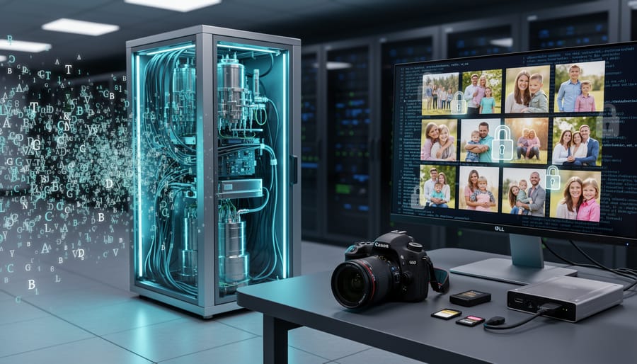 Quantum computer processor next to traditional hard drive storage device