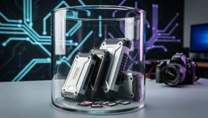 External hard drives and SD cards sealed in a transparent glass vault with faint neon quantum circuit patterns behind on a studio desk, dramatic side lighting and shallow depth of field