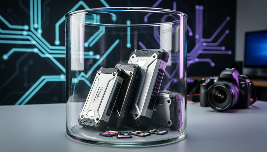 External hard drives and SD cards sealed in a transparent glass vault with faint neon quantum circuit patterns behind on a studio desk, dramatic side lighting and shallow depth of field