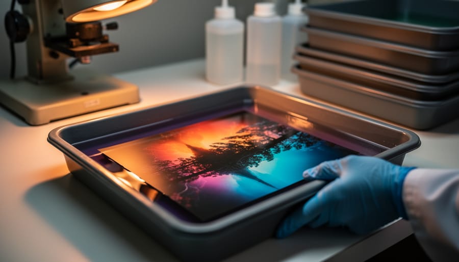 Gloved hand rocking a developer tray as a vibrant color print appears under amber safelight in a darkroom, with an enlarger and trays blurred in the background.