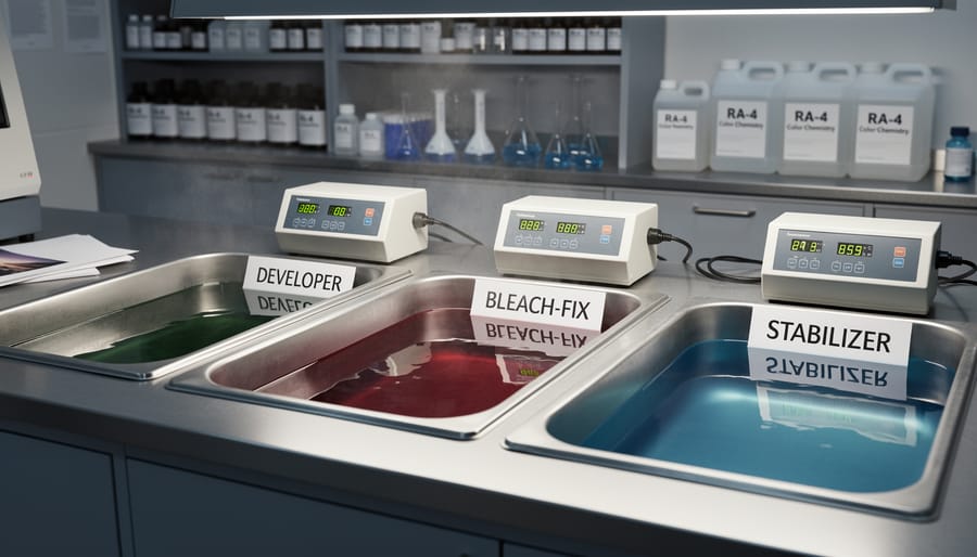 Three processing trays containing RA-4 chemistry solutions for color printing